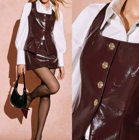 2-Piece Set PU Suits Leather Suits Women's Solid Color PU Leather Vest Skirt